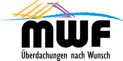 MWF logo with colorful roof lines and the text "Überdachungen nach Wunsch"