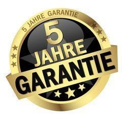Goldene 5-Jahres-Garantieplakette mit schwarzem Mittelteil und Sternen, deutscher Text „5 Jahre Garantie“