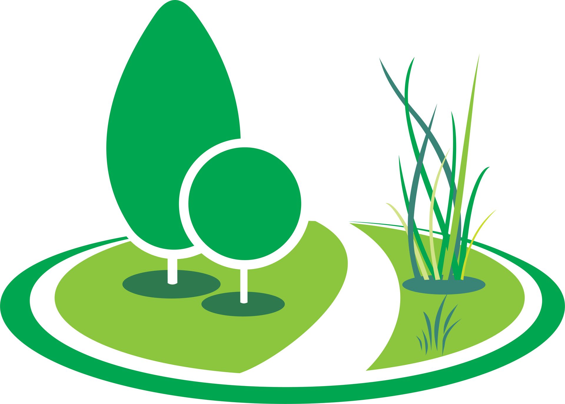 Logo paysager stylisé vert : arbres, herbe, chemin et bordure ovale.