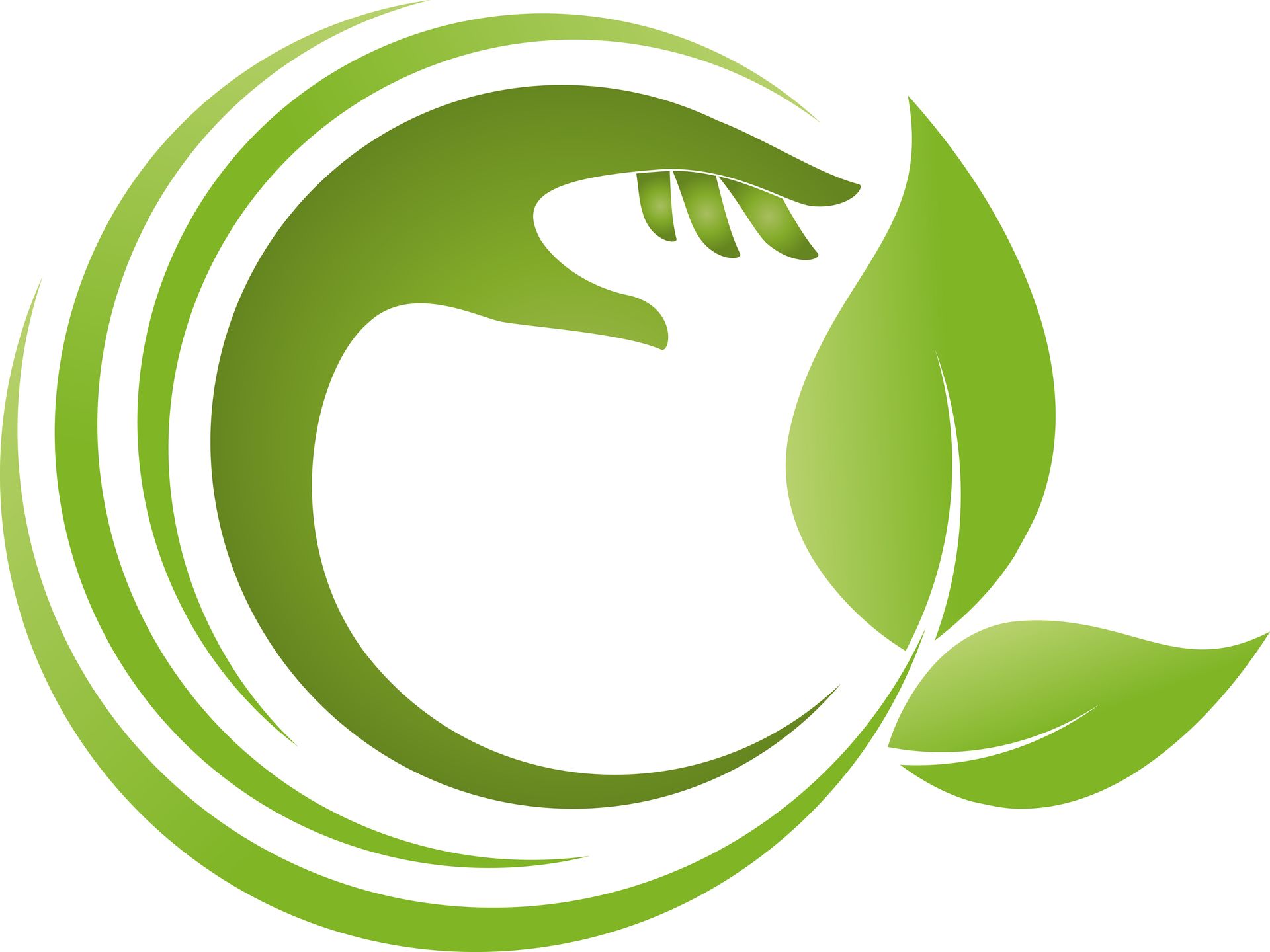 Une main verte inscrite dans une ligne courbe, tenant une feuille, représentant la nature et le soin.