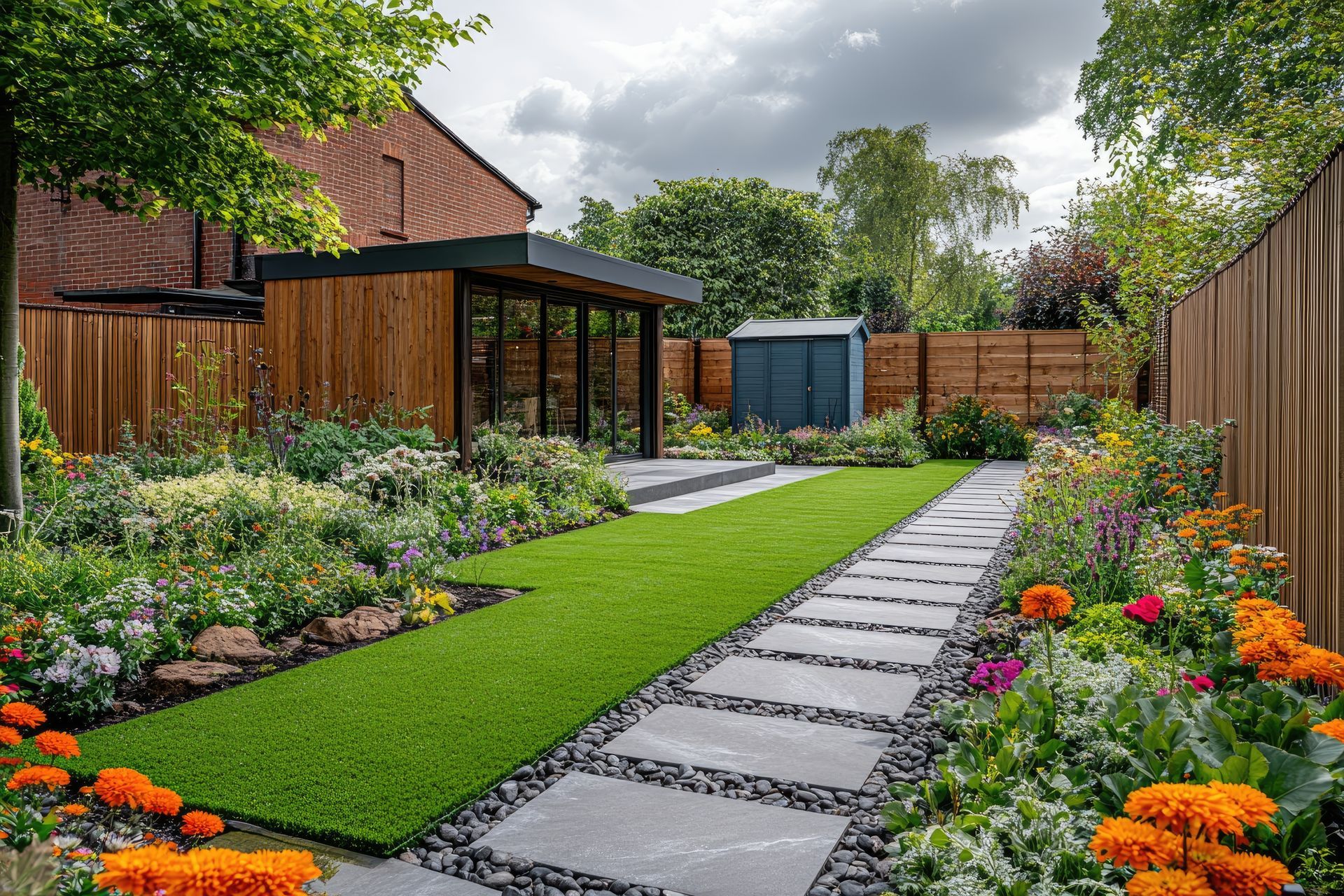 Un jardin luxuriant avec un chemin de pierres carrées et une bande de gazon vert menant à une structure en bois.