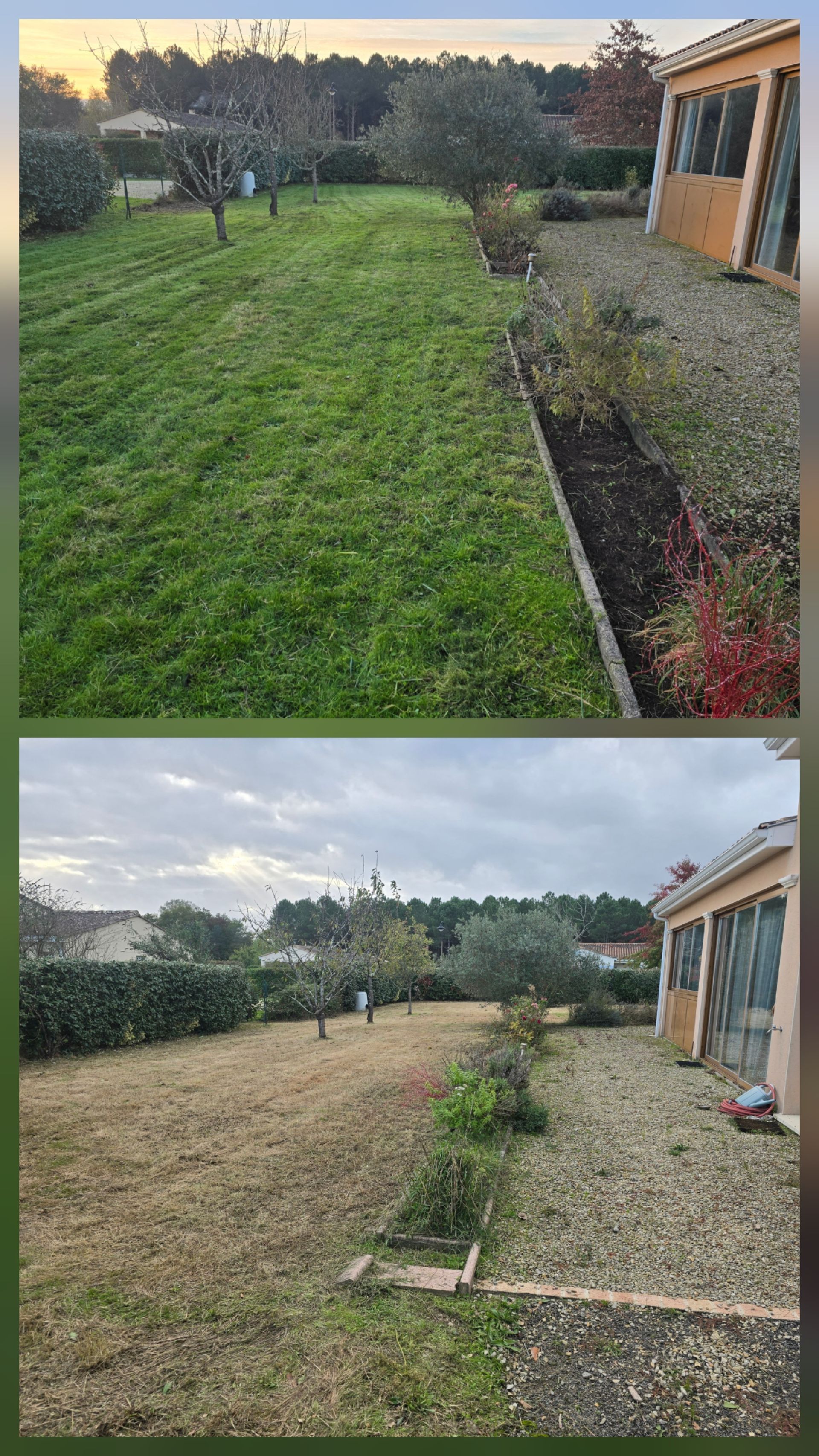 En haut : pelouse verte, parterre de fleurs, maison. En bas : pelouse sèche, parterre de fleurs, maison.