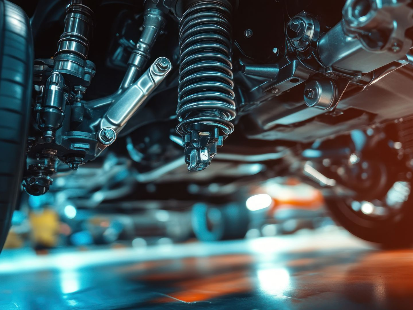 Gros plan sur le système de suspension d'une voiture.