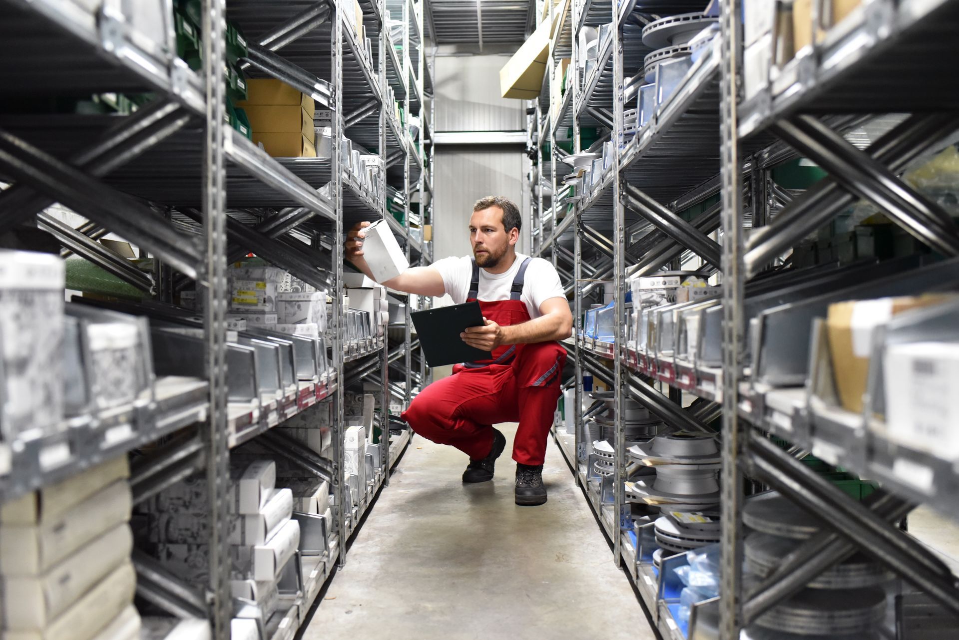 Un employé d'entrepôt, accroupi, vérifie l'inventaire sur des étagères métalliques.