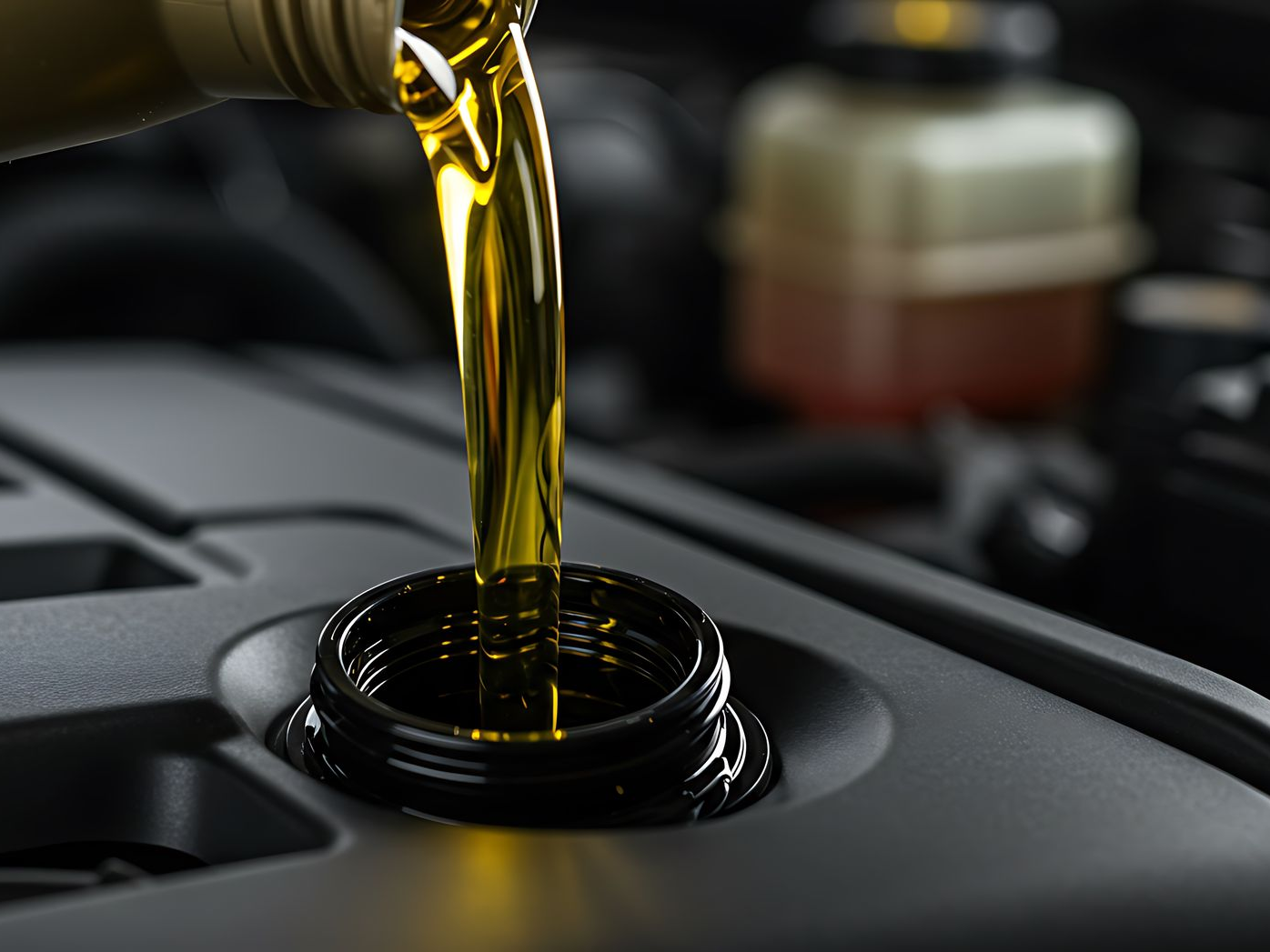 Verser de l'huile moteur dans le bouchon de remplissage d'huile d'une voiture.
