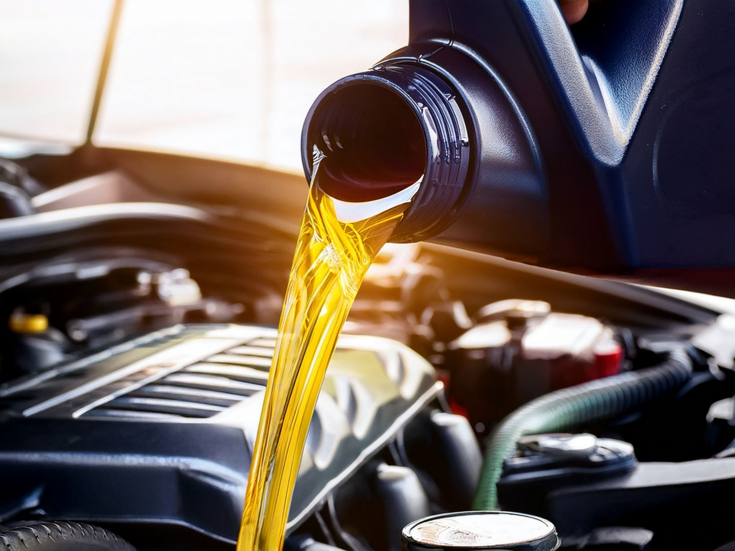 Versement d'huile dans un moteur de voiture.