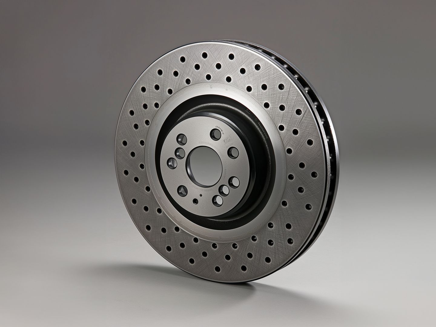 Disque de frein percé et rainuré sur fond gris.