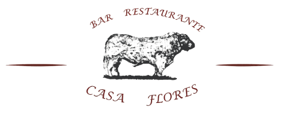 Logotipo del Bar Restaurante Casa Flores con la ilustración de un oso en texto granate sobre fondo blanco.