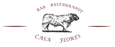 Logotipo del Bar Restaurante Casa Flores con la ilustración de un oso en texto granate sobre fondo blanco.
