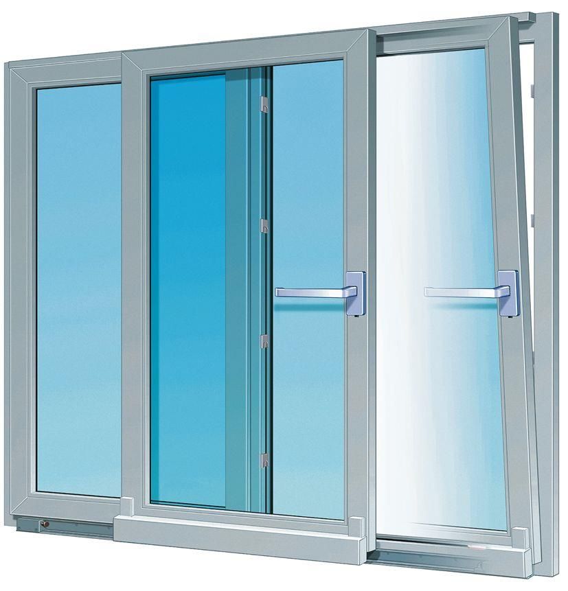 Eine Glasschiebetür mit silbernem Rahmen; ein Flügel offen. Klares Glas mit blauem Himmel im Hintergrund.