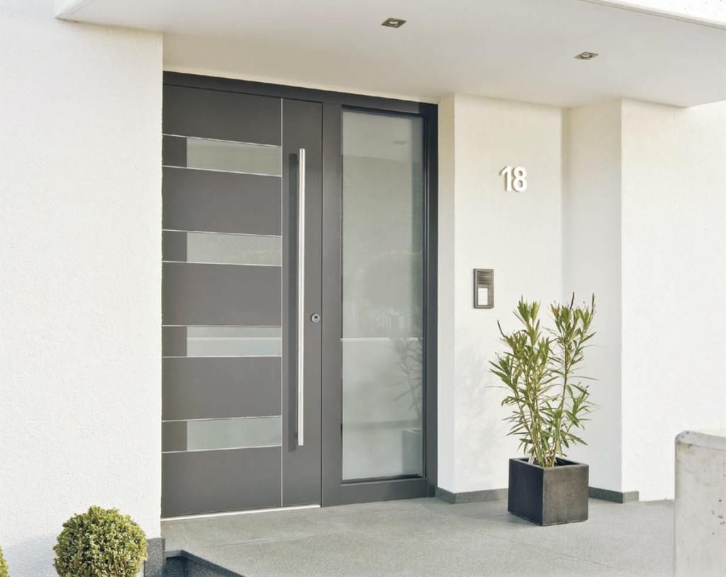 Moderne graue Haustür mit Glasscheibe, Topfpflanzen und Hausnummer 18.