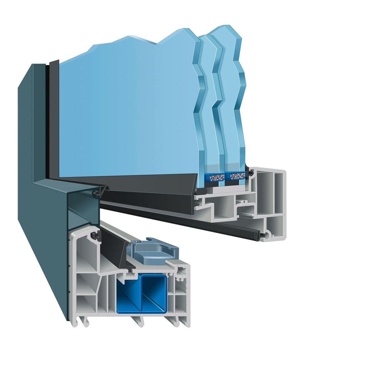 Querschnitt eines Mehrscheibenfensters mit Glasschichten, Rahmen und Dichtungen.