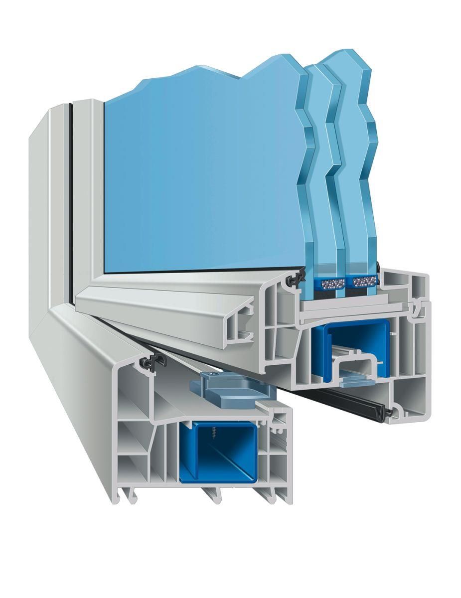 Querschnitt eines weißen Doppelglasfensterrahmens mit Schichten, blauem Glas und inneren Komponenten.
