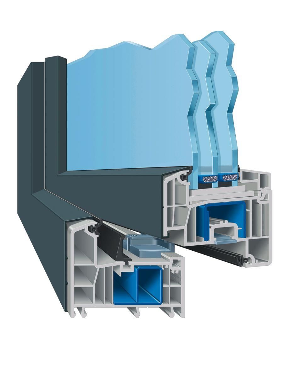Schnittansicht eines Fensterrahmens, die mehrere Glasscheiben, Dichtungen und die Konstruktion des Rahmens zeigt.