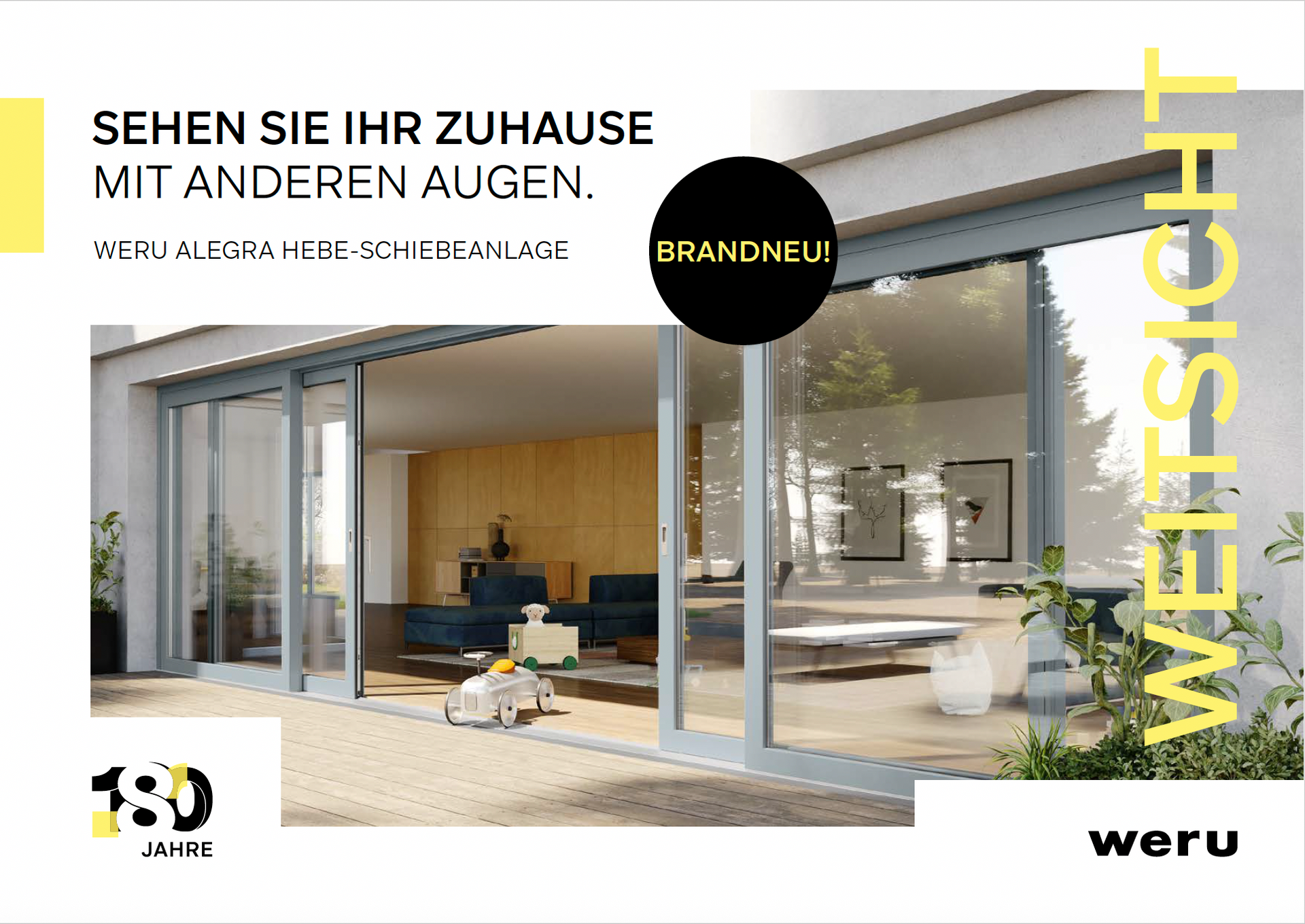 Broschürenaufteilung, architektonische Elemente, Text und eine moderne Hausfassade.