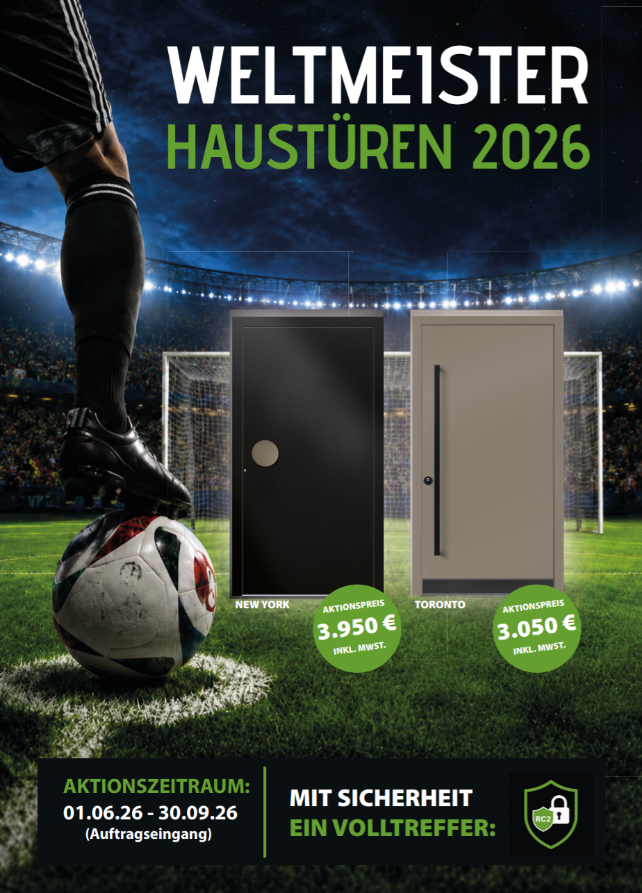 Werbeplakat für Haustüren 2026 im Fußballstadion, mit schwarzer und grauer Tür und Aktionspreisen.