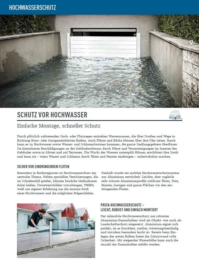 Hochwasser hinter einem geschlossenen Garagentor; Text beschreibt Hochwasserschutzmaßnahmen.