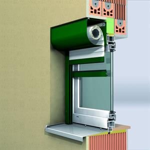 Grüner Fensterladenmechanismus, Schnittansicht mit Installationsdetails.