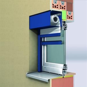 Querschnitt eines blauen Rollladenkastens, Fensterrahmens und einer Außenwand mit Metallschwelle.