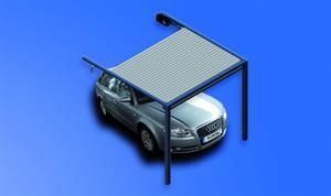 Auto unter einem grauen Carport mit Metalldach, auf blauem Hintergrund.