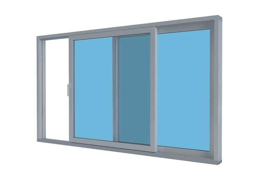 Schiebefenster aus Glas mit zwei Flügeln, einer davon offen, in einem grauen Rahmen.