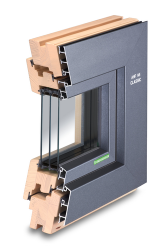 Querschnitt eines dunkelgrauen Holzfensters mit Mehrscheibenglas und isolierter Konstruktion.