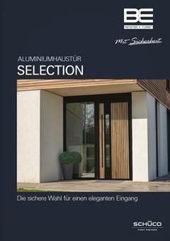 Cover eines Türenkatalogs. Moderner Hauseingang mit Aluminiumtür, dunkelblauer Hintergrund.