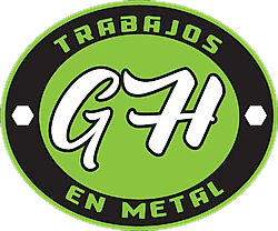 Logotipo verde y negro con "TRABAJOS EN METAL" y "GH" estilizado.