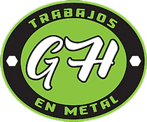 Logotipo verde y negro con "TRABAJOS EN METAL" y "GH" estilizado.
