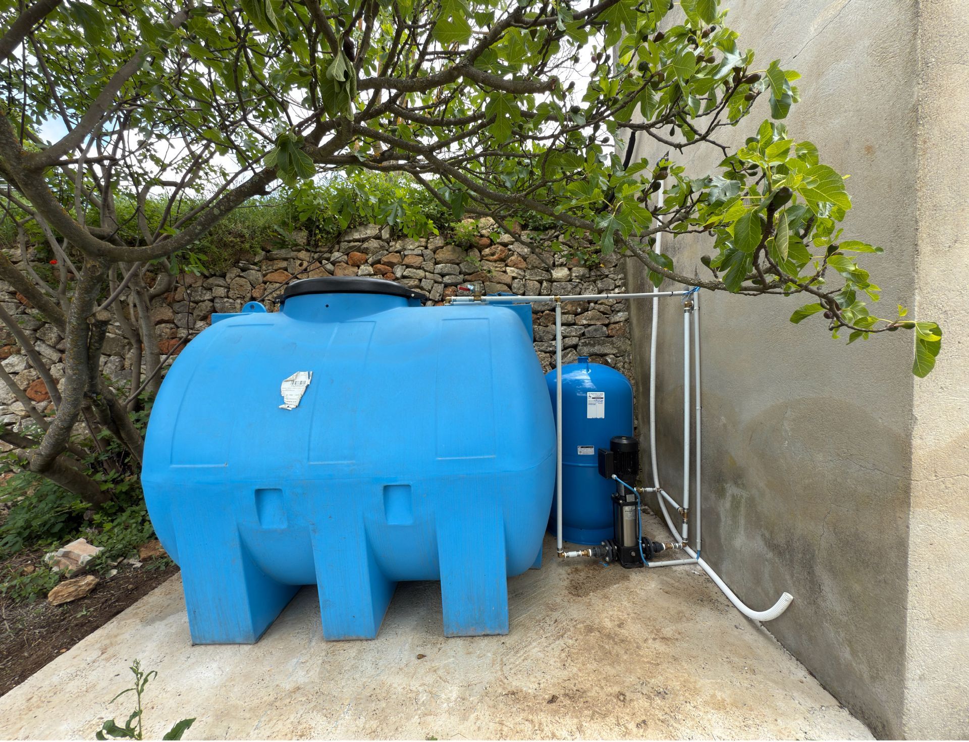 Réservoir d'eau bleue et système de pompe à côté d'un bâtiment et sous un arbre.