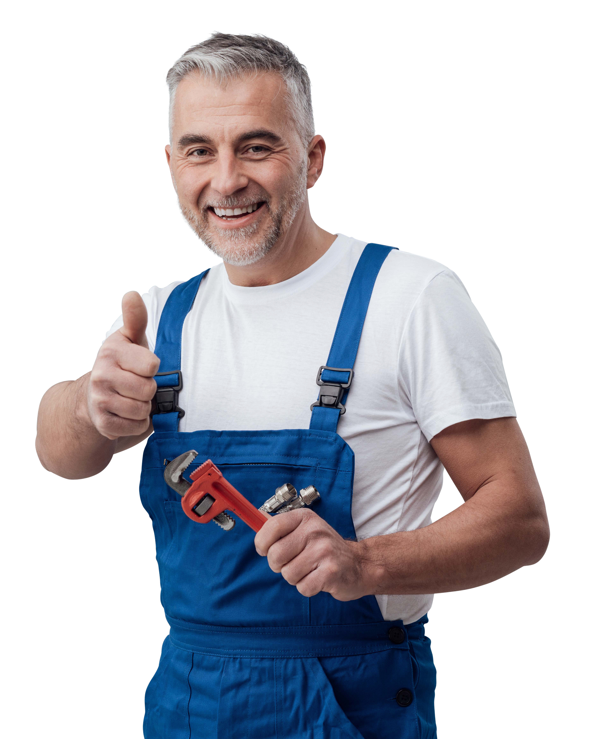 Plombier souriant, levant le pouce, tenant une clé à molette, portant une salopette bleue et une chemise blanche.