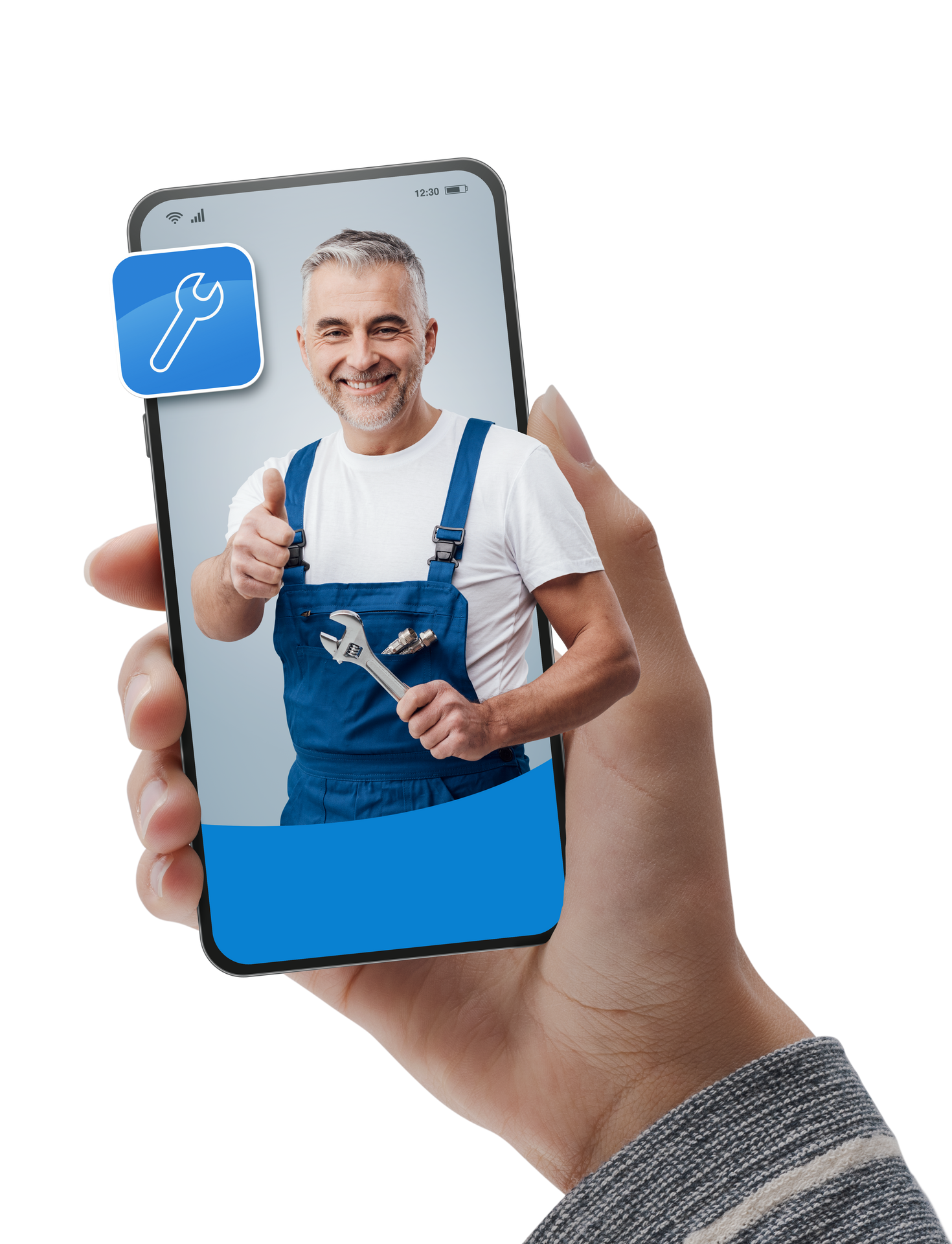 Main tenant un téléphone avec un réparateur souriant, levant le pouce.