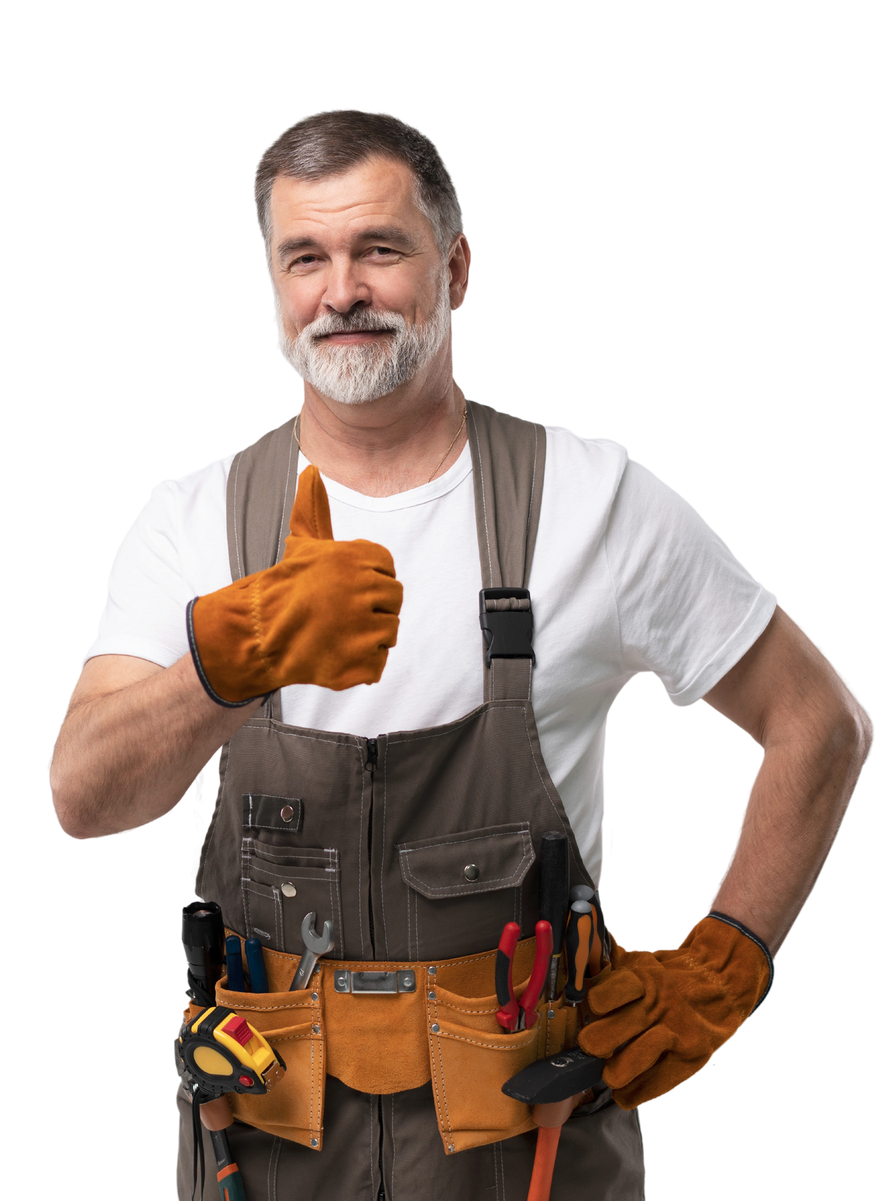 Un homme en salopette de travail, ceinture à outils et gants lève le pouce.