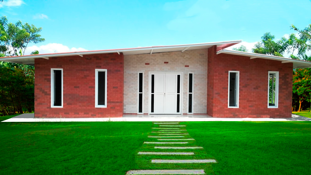 Una casa de ladrillo rojo con techo blanco está rodeada de césped verde y árboles.