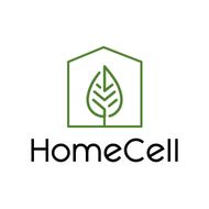 Un logotipo para una empresa llamada homecell con una hoja dentro de una casa.