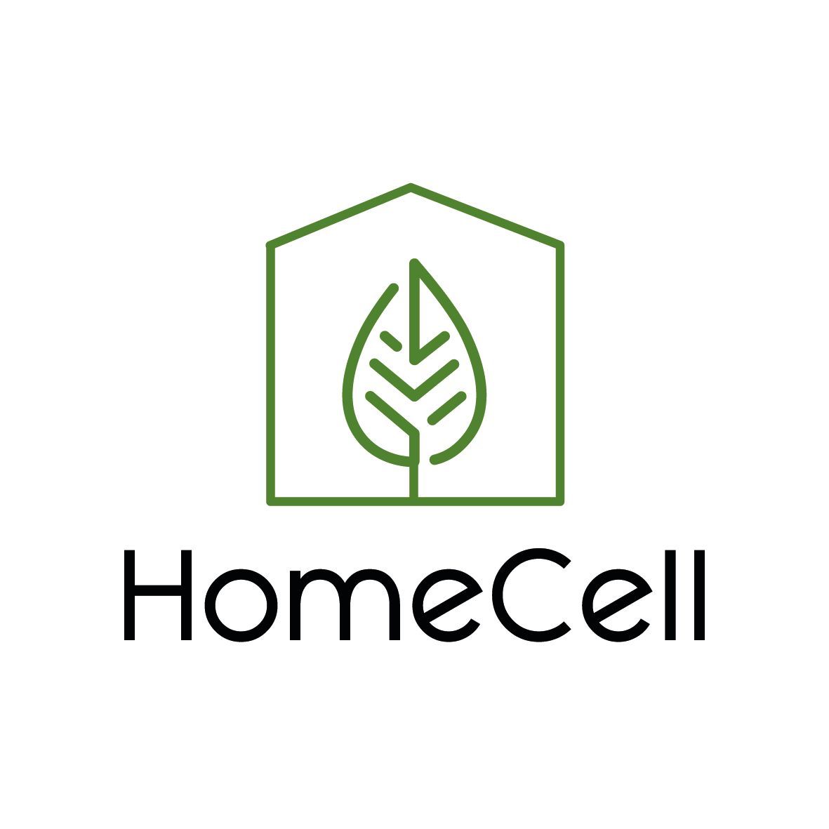 Un logotipo para una empresa llamada homecell con una hoja dentro de una casa.