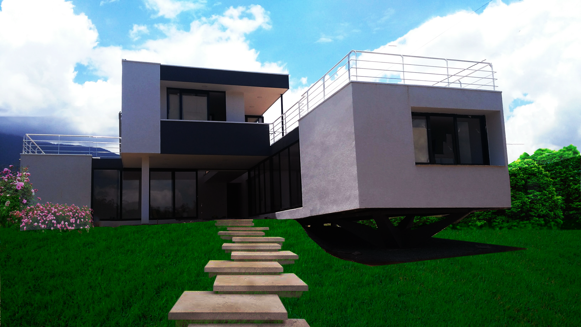Una casa moderna con una pasarela que conduce a ella.