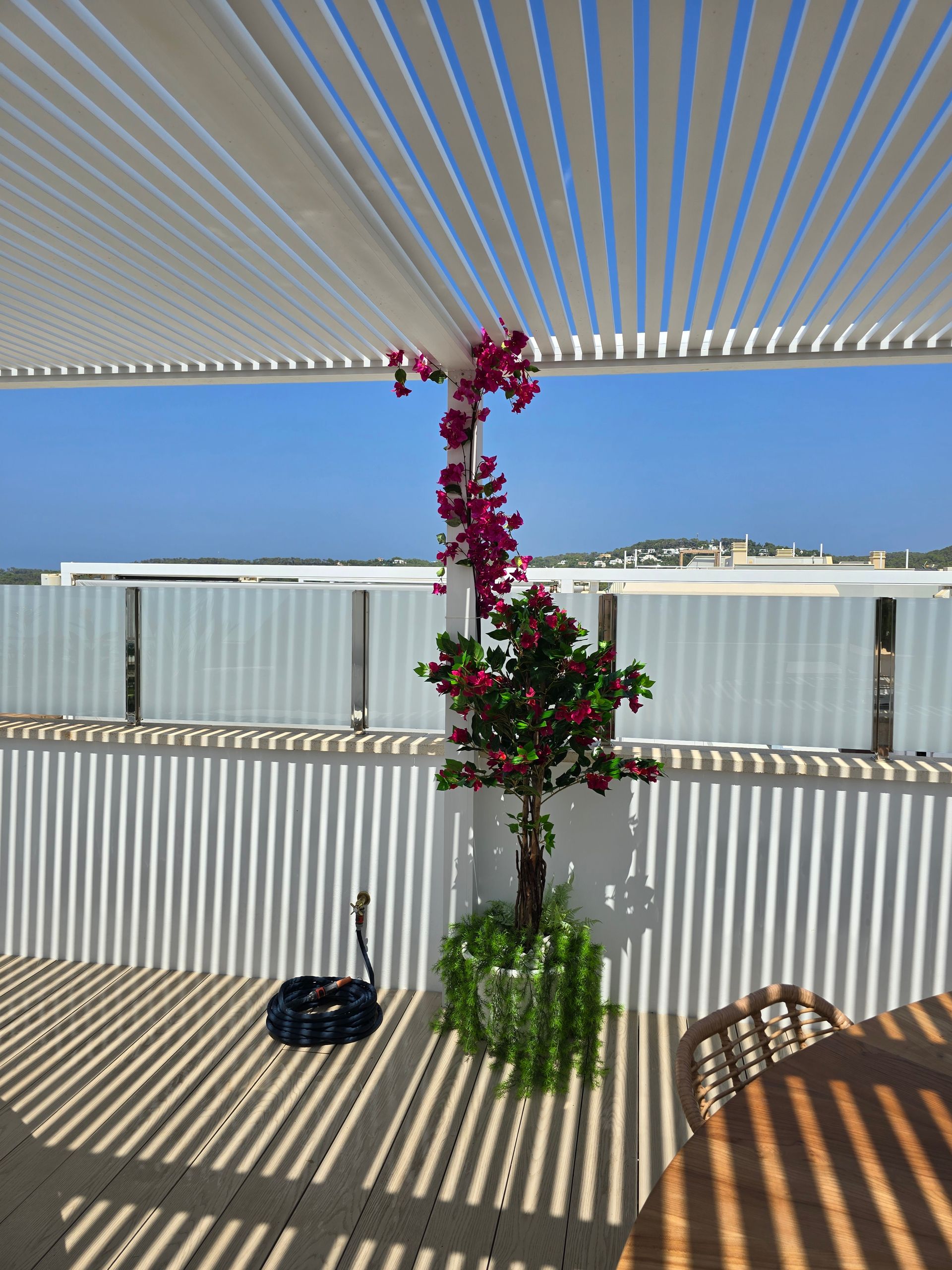 Una pérgola blanca proyecta sombras sobre un patio con una planta de buganvillas; fondo de cielo azul.
