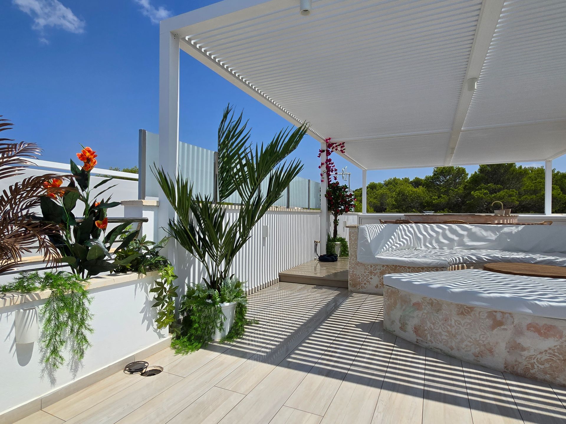 Patio en la azotea con pérgola blanca, plantas y asientos incorporados en un día soleado.