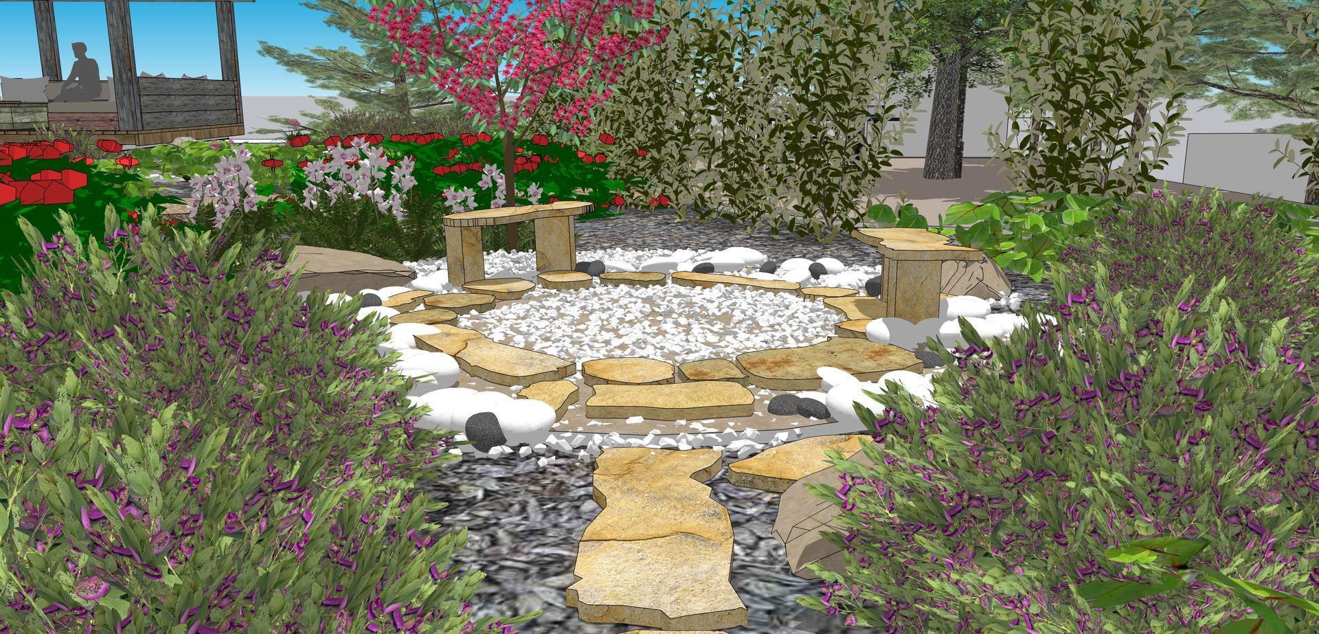 Un jardín paisajístico con un camino de piedra que conduce a un estanque circular lleno de piedras blancas.