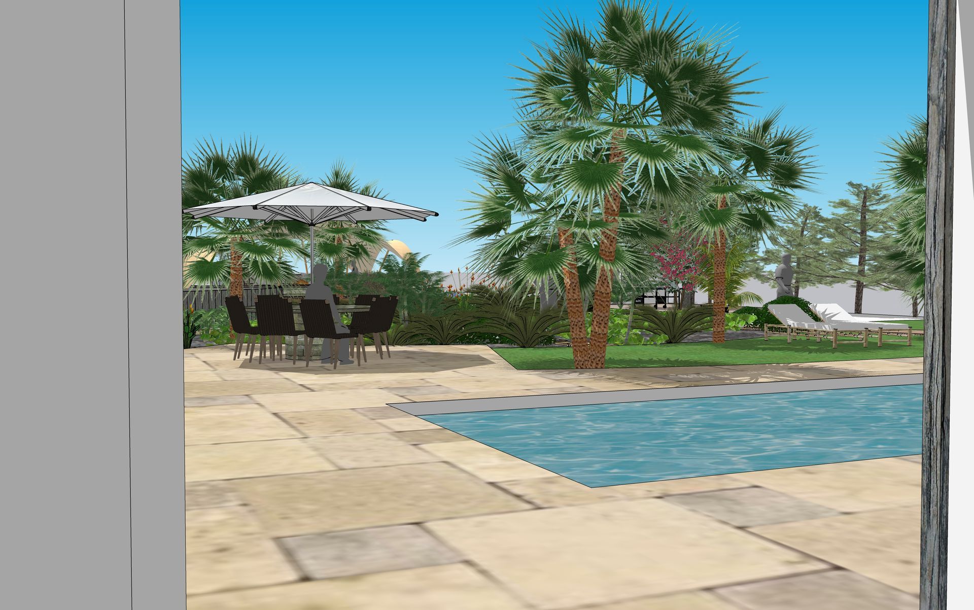 Escena junto a la piscina con una mesa de comedor bajo una sombrilla, palmeras y un cielo azul claro.