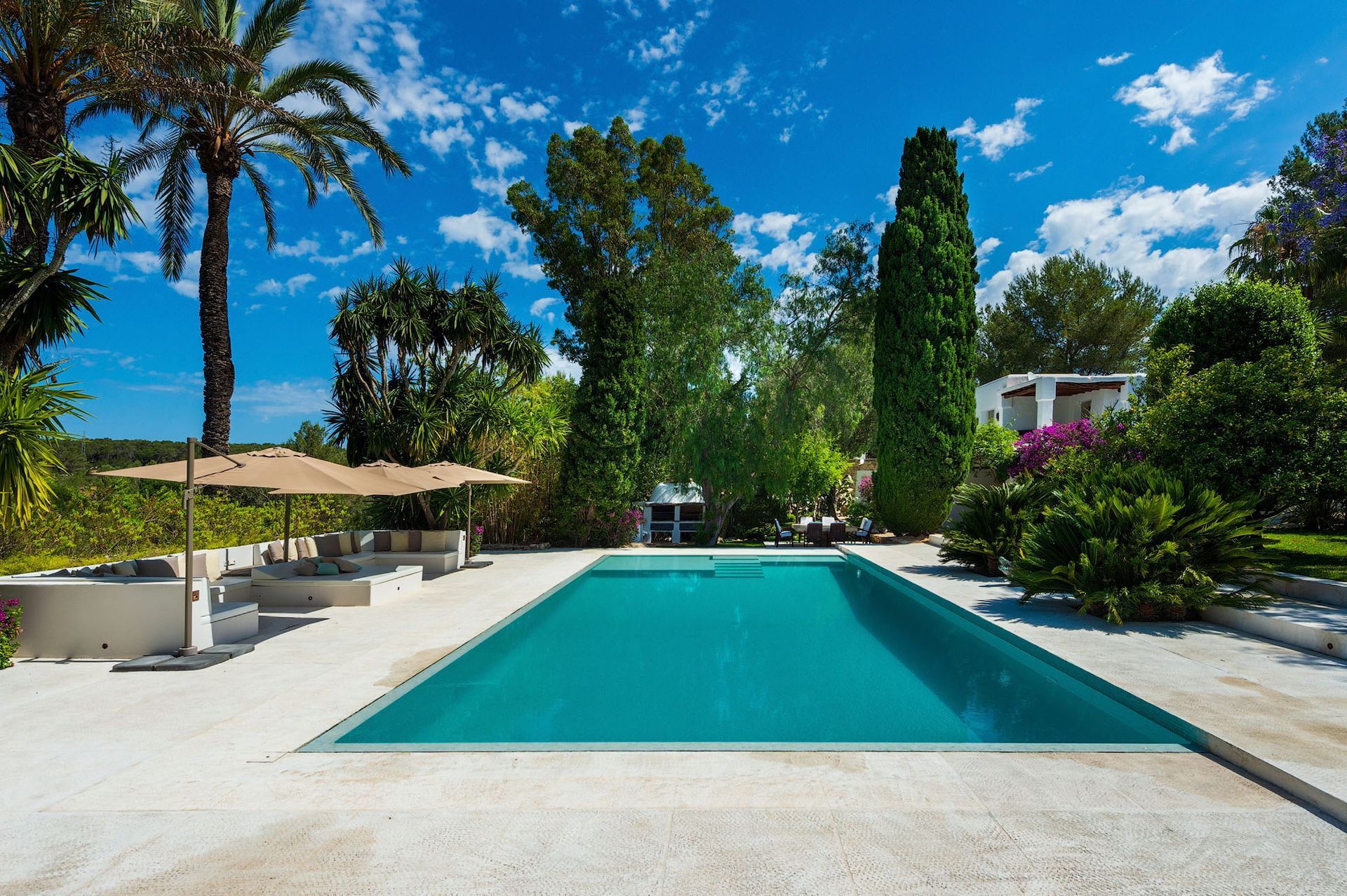 Piscina de agua turquesa rodeada de un patio blanco y exuberante vegetación bajo un cielo azul brillante.