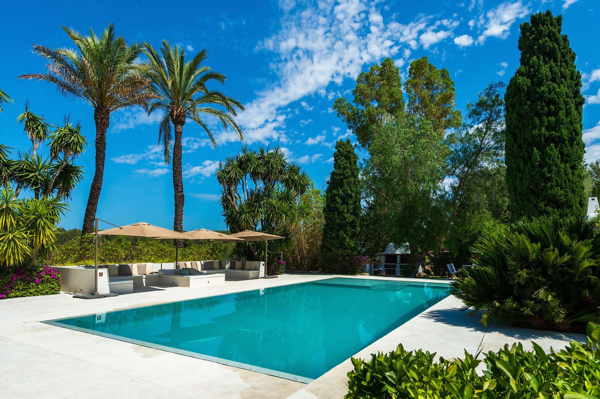 Piscina con agua turquesa, palmeras, cielo azul y zona lounge.