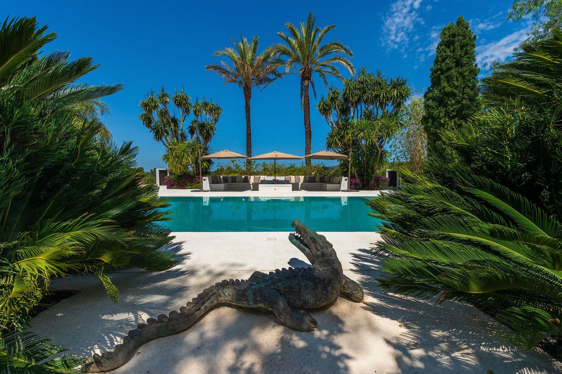 Piscina rodeada de exuberante vegetación, con una escultura de cocodrilo al frente y palmeras al fondo.