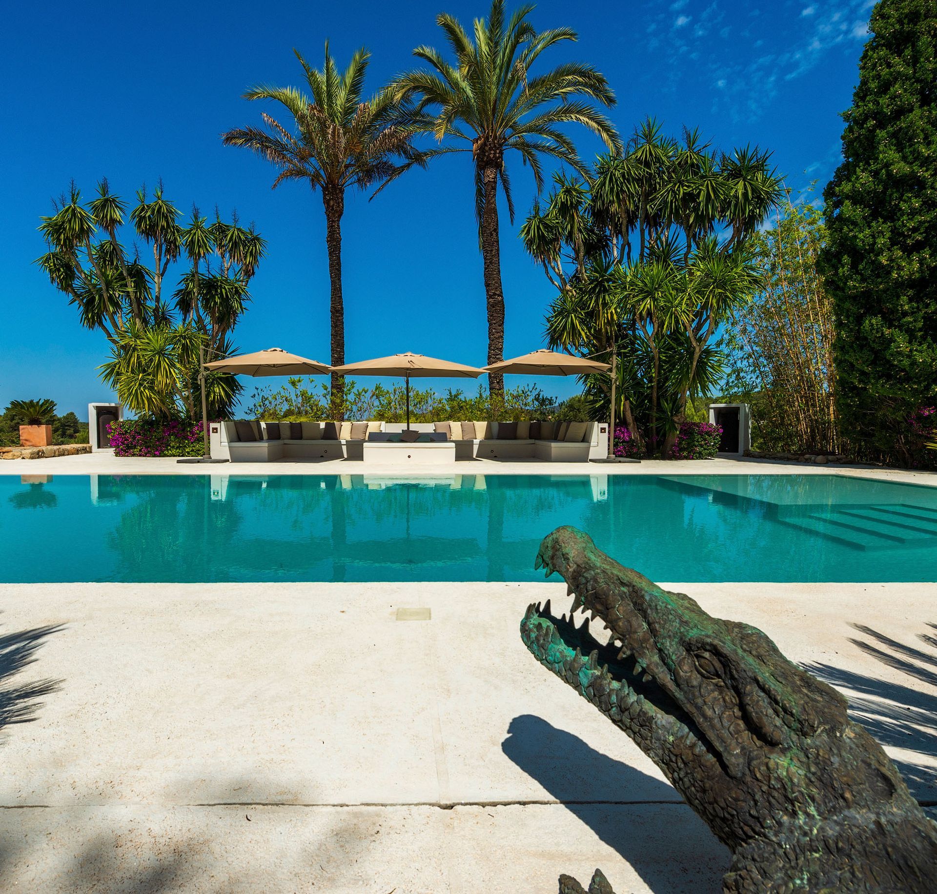 Una piscina en un entorno soleado con palmeras, tumbonas a la sombra y una estatua de caimán de bronce.