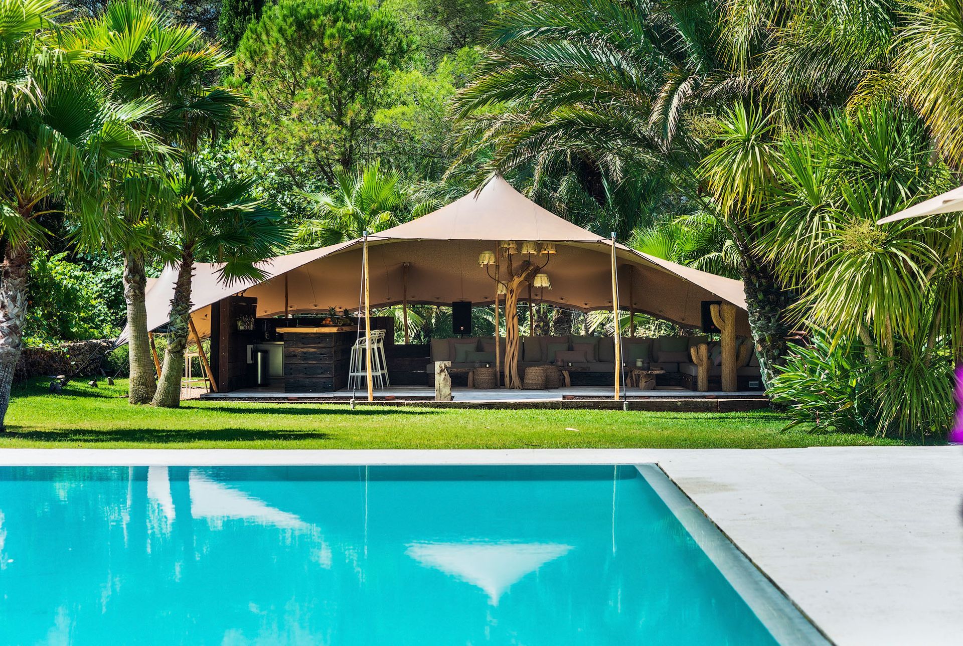 Piscina con vistas a un bar al aire libre con carpa en un exuberante entorno verde con palmeras.