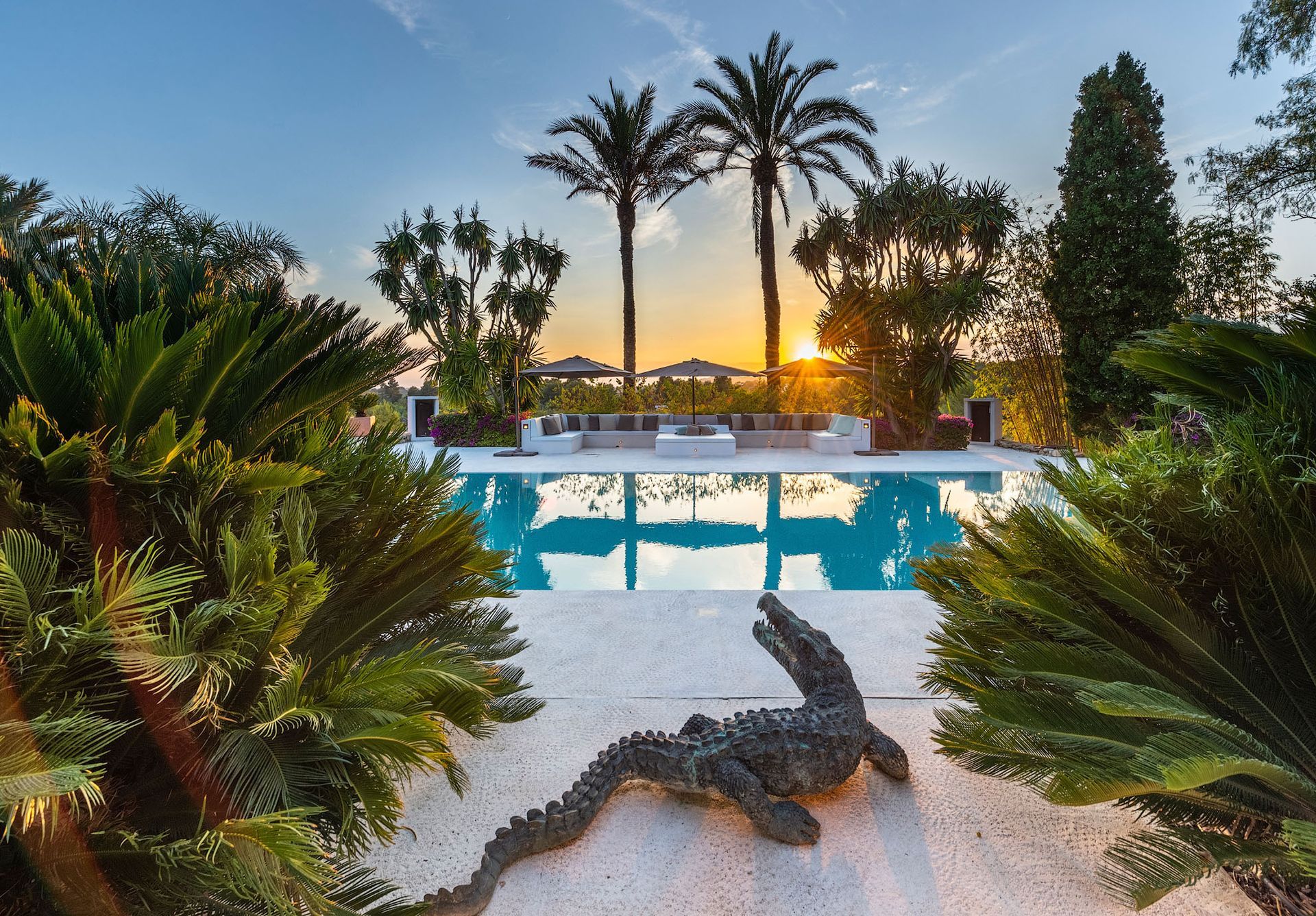 Piscina al atardecer, palmeras, estatua de cocodrilo, patio blanco, follaje verde.