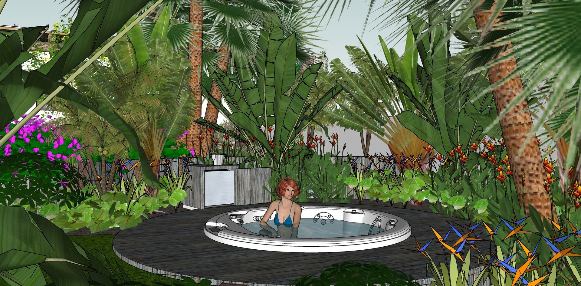 Mujer relajándose en un jacuzzi rodeado de exuberantes plantas tropicales.