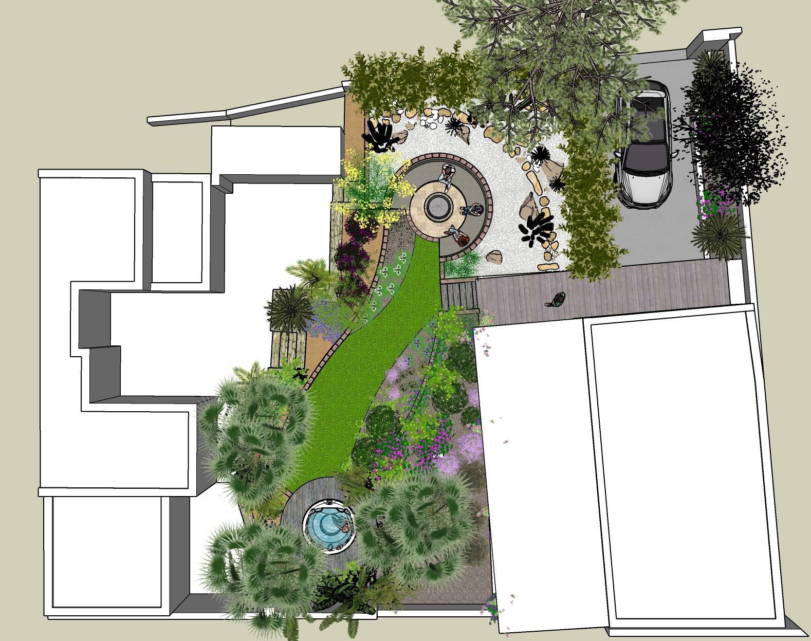 Vista aérea de un jardín paisajístico con una casa y un coche. Incluye una fuente, un sendero en espiral y varios árboles.