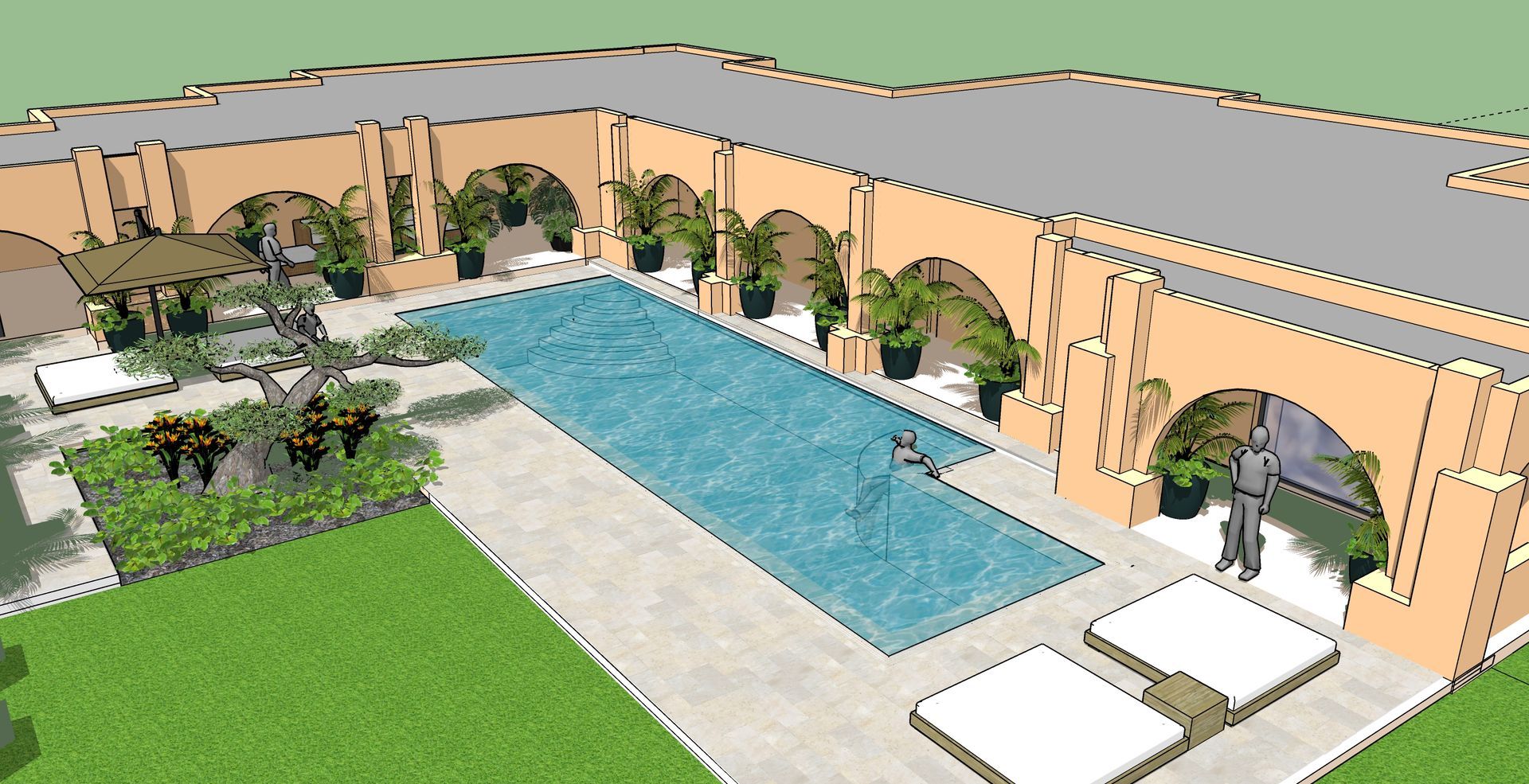 Patio en forma de L con piscina, arcos y plantas. Edificio de tonos claros con zona de césped. Hay gente en la piscina.